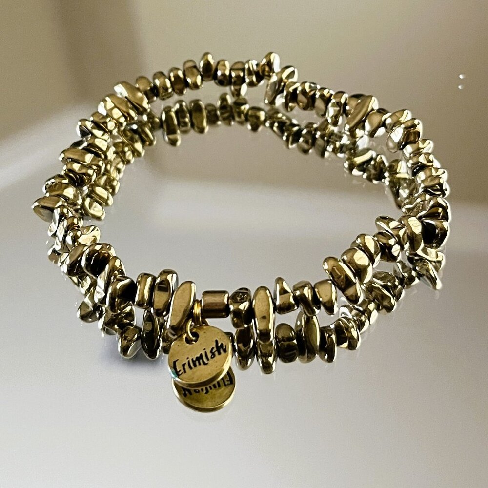 Erimish  Gold Chunky Beaded Bracelet Logo Tag Stackable Stretch